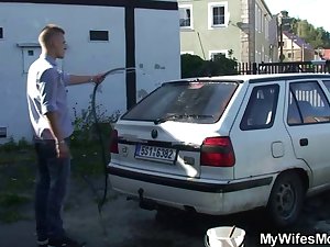 Granny rides her son-in-law cock outdoor